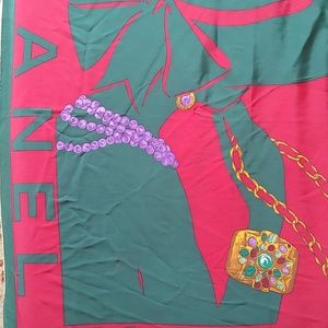 Vintage Chanel Silk Scarf Red Green Lady 35x35